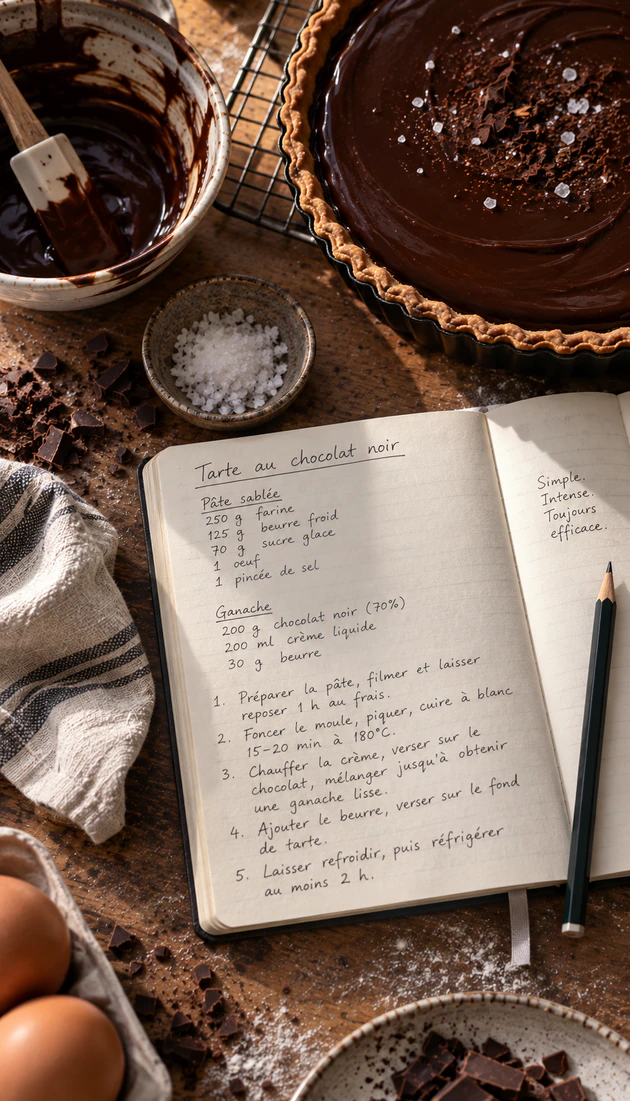 A handwritten recipe notebook for tarte au chocolat noir on a wooden worktop, the finished tart just behind it.