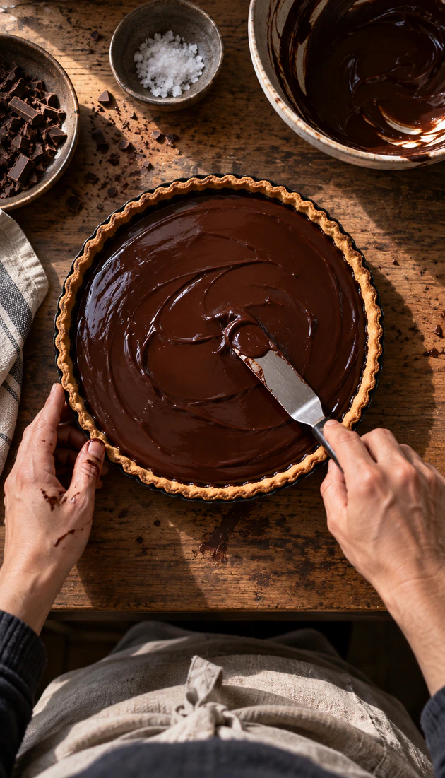 First-person view of a baker’s hands smoothing chocolate ganache into a tart shell.