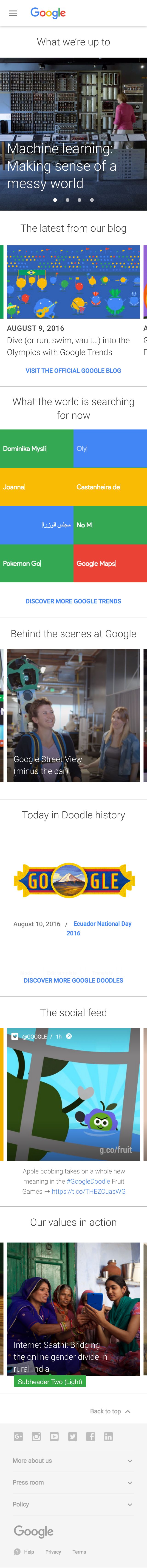 About.google home on mobile, scrollable