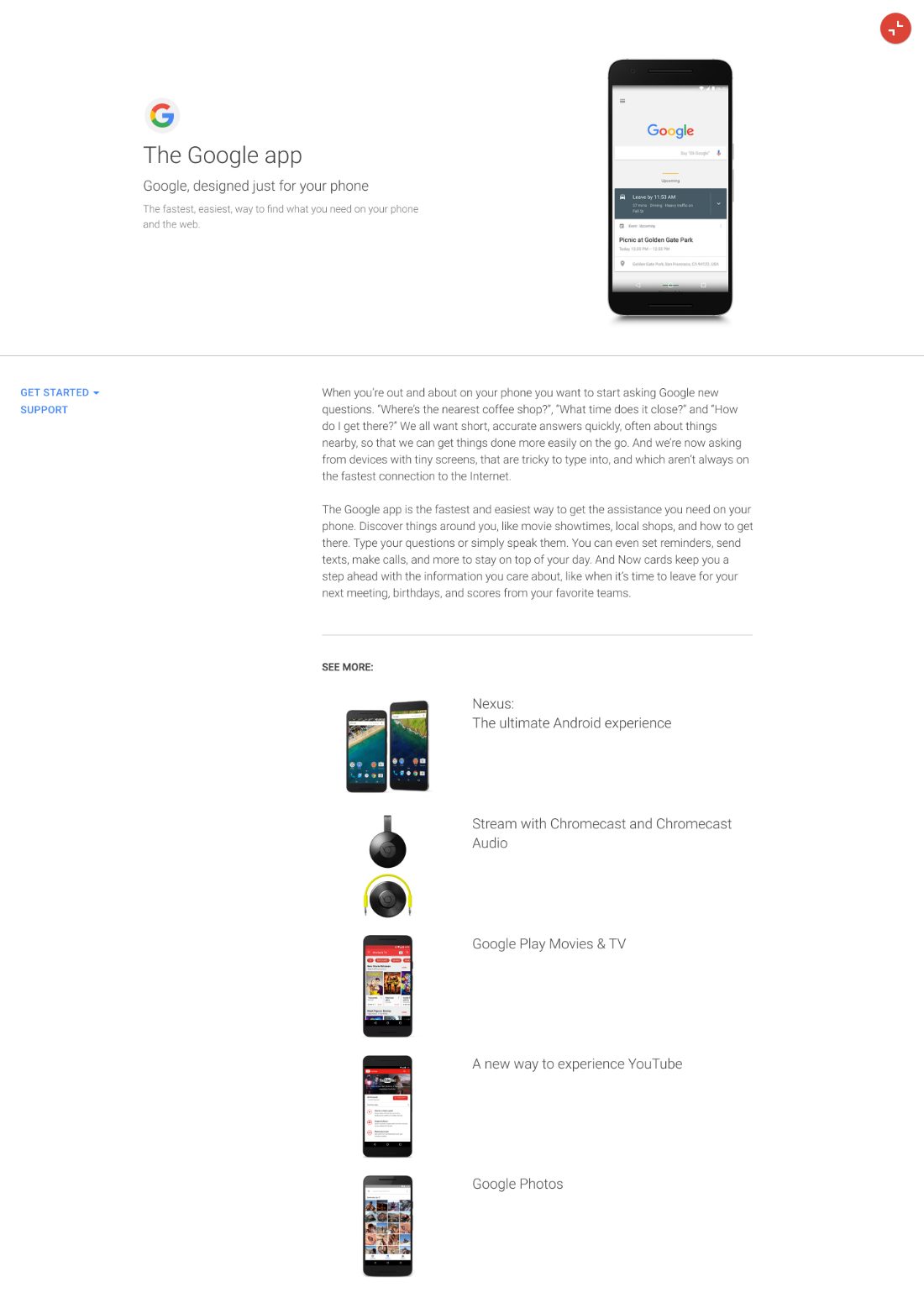 Product overlay: a detail page for the Google app with copy and related products