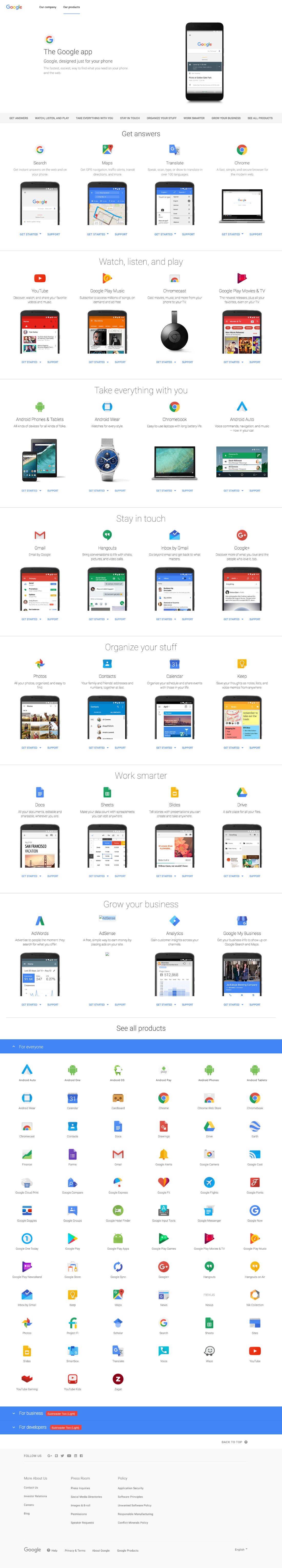 Our products page: the Google app hero and a full product directory
