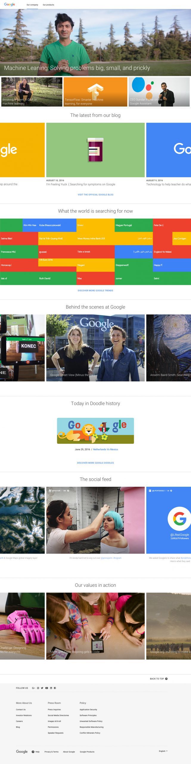 The About.google masthead: the Google logo, top navigation, and editorial hero