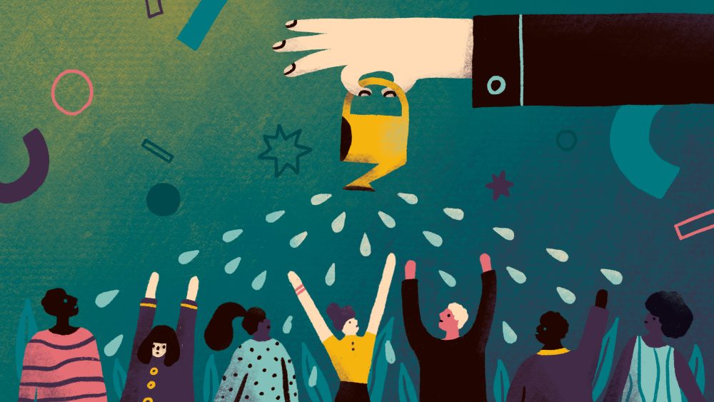 Illustration: a hand showering drops over a joyful crowd reaching up