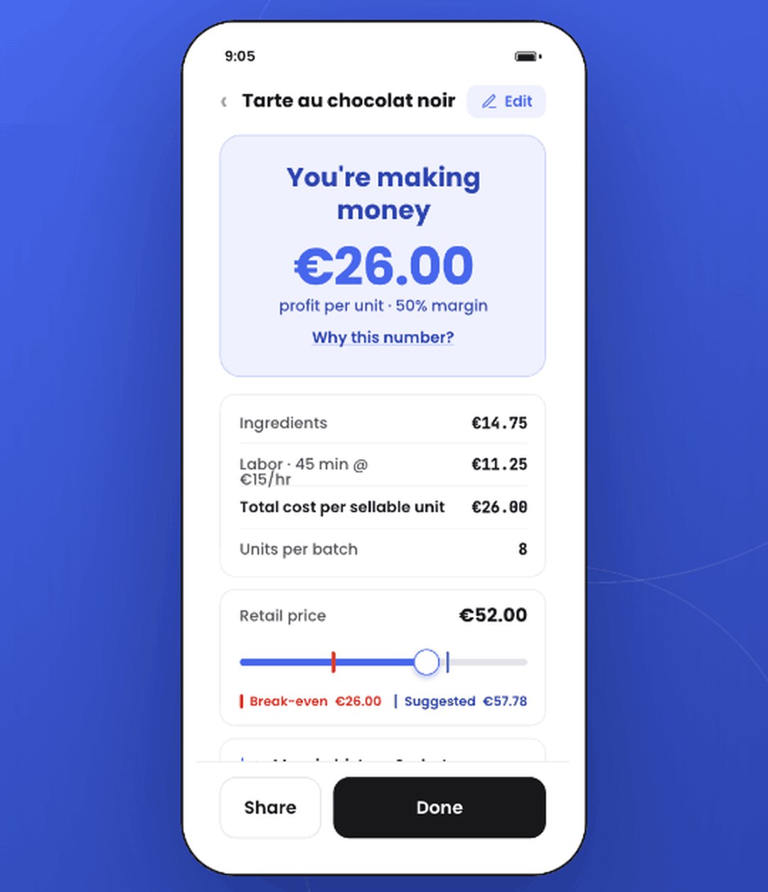 The Cookler margin screen on a phone, showing profit per unit and a draggable retail price