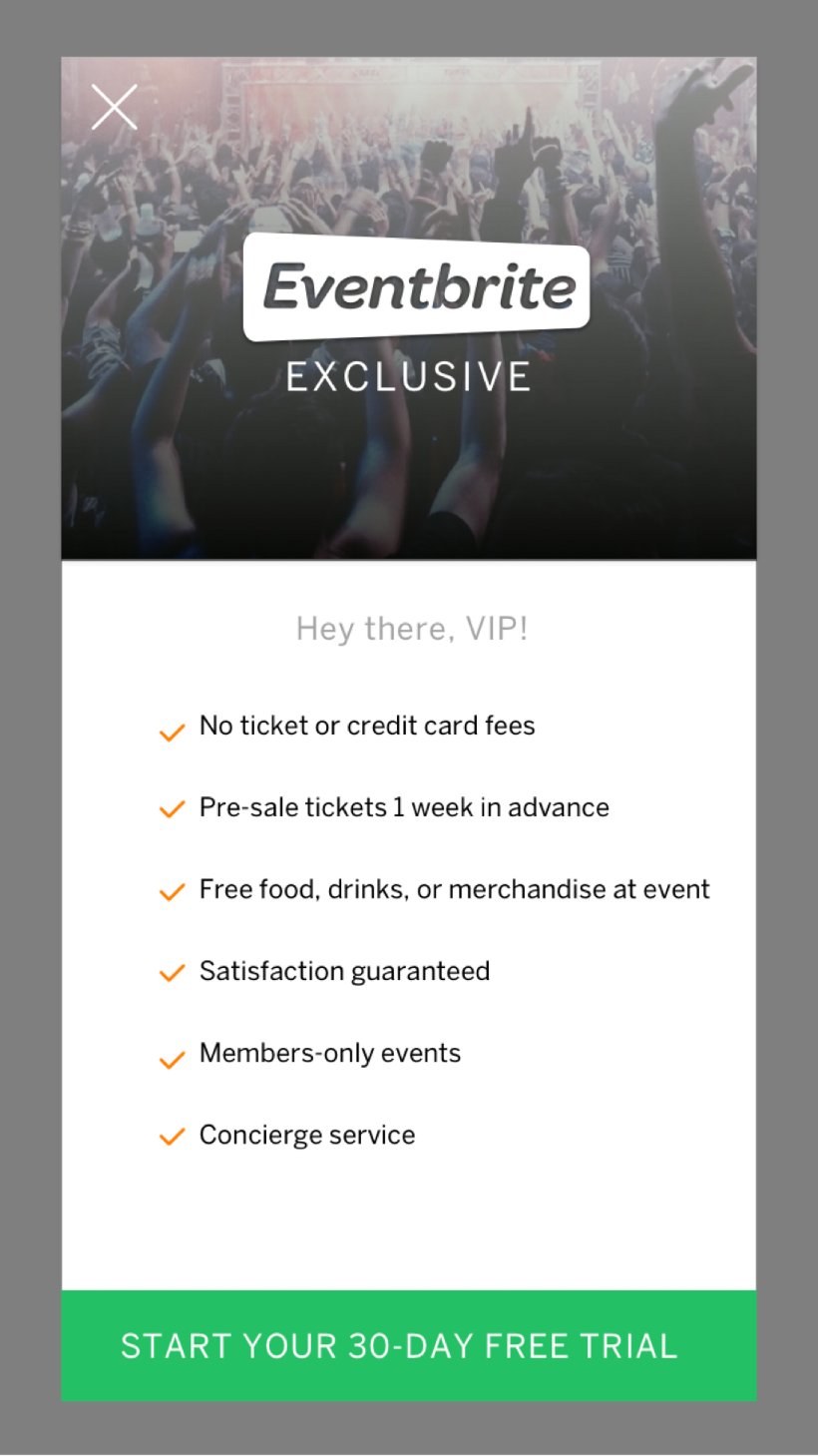Exclusives prototype, an Eventbrite Exclusive membership with benefits and a free trial