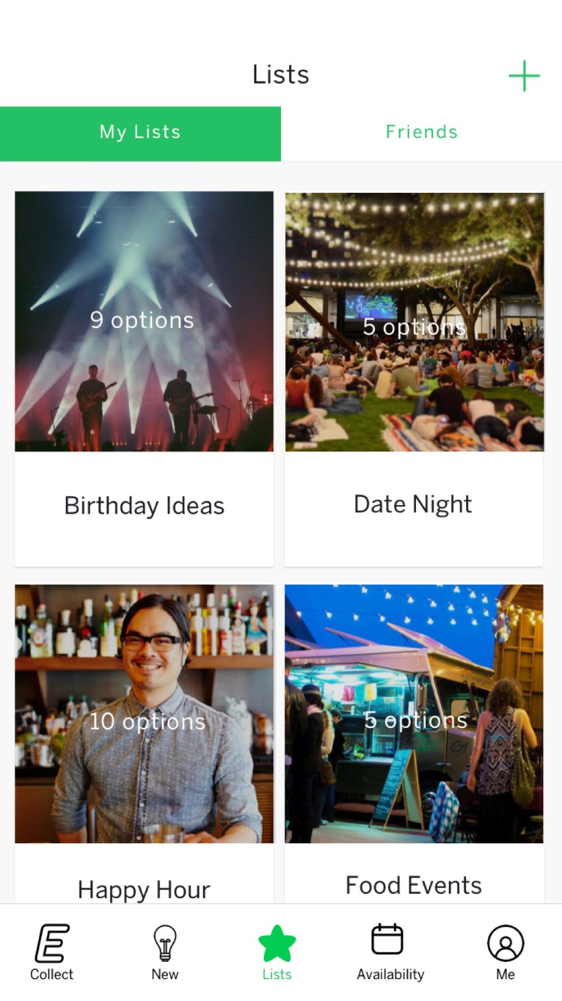 Collections prototype, lists of saved events like Date Night and Food Events