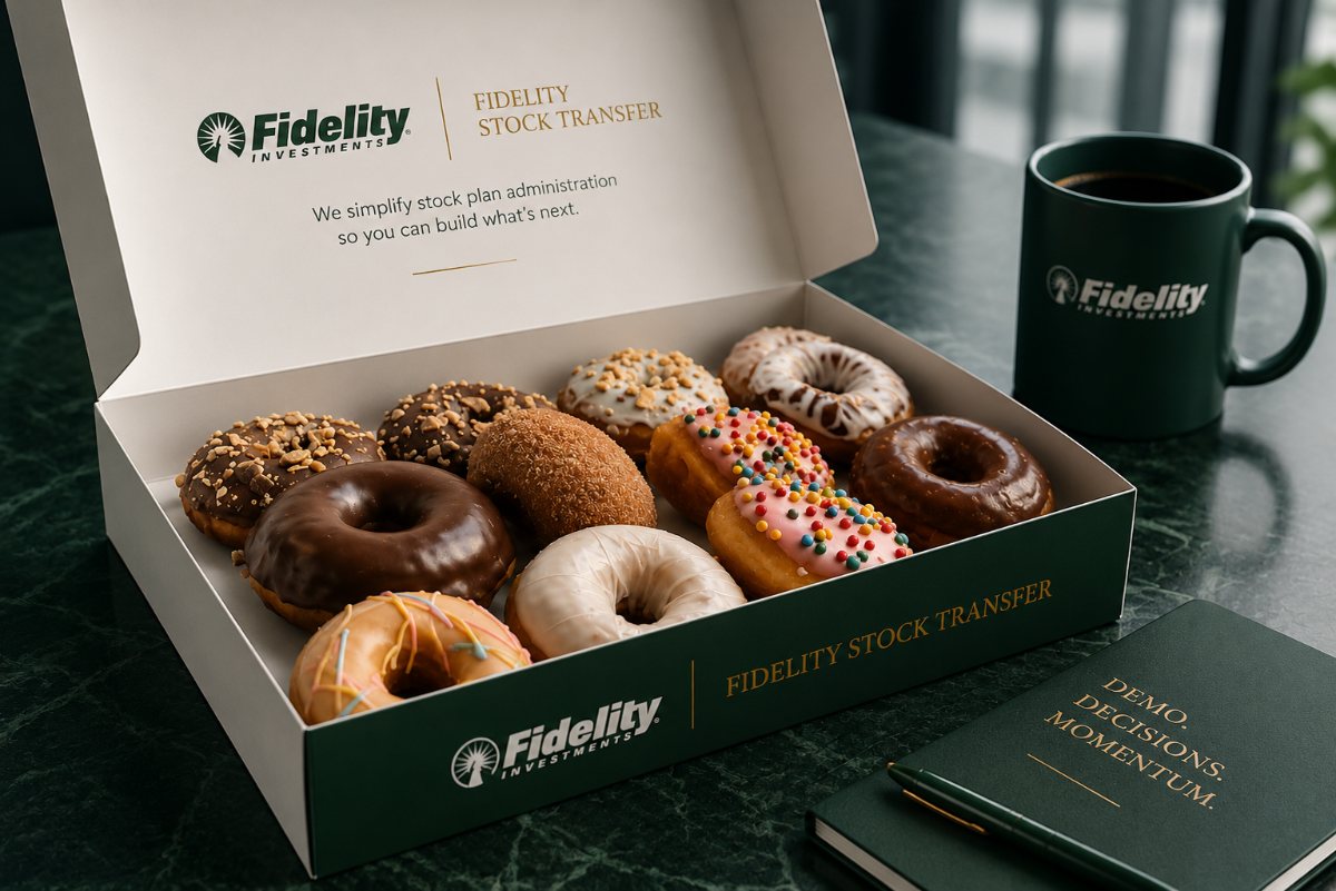 Promo-style graphic for an internal Fidelity Stock Transfer demo ritual: a doughnut box with the wordmark and a note reading Demo. Decisions. Momentum.