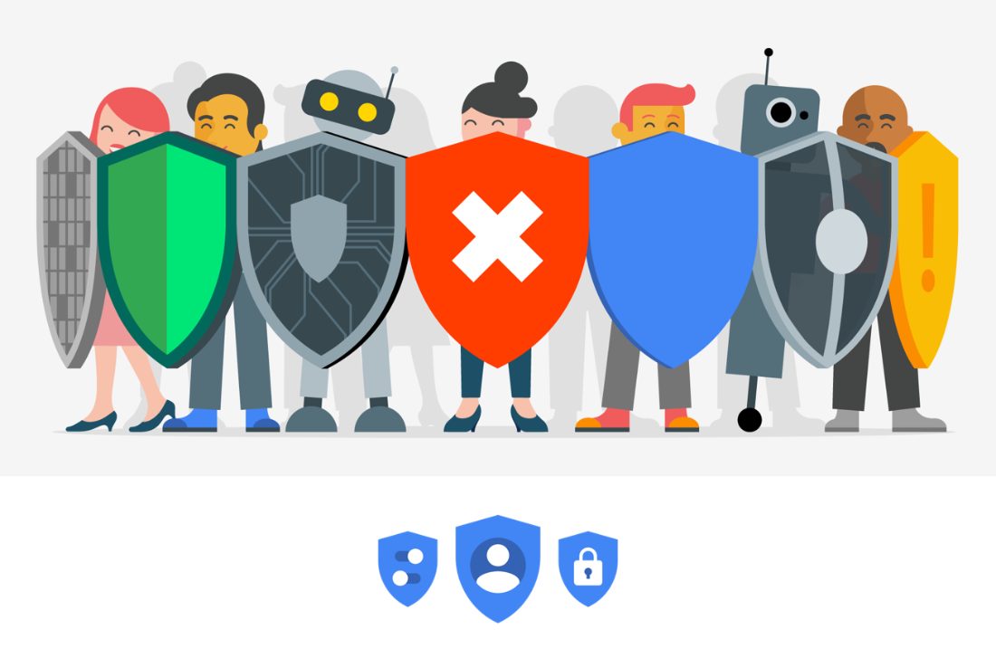 Privacy and Trust illustration of people and robots holding shields