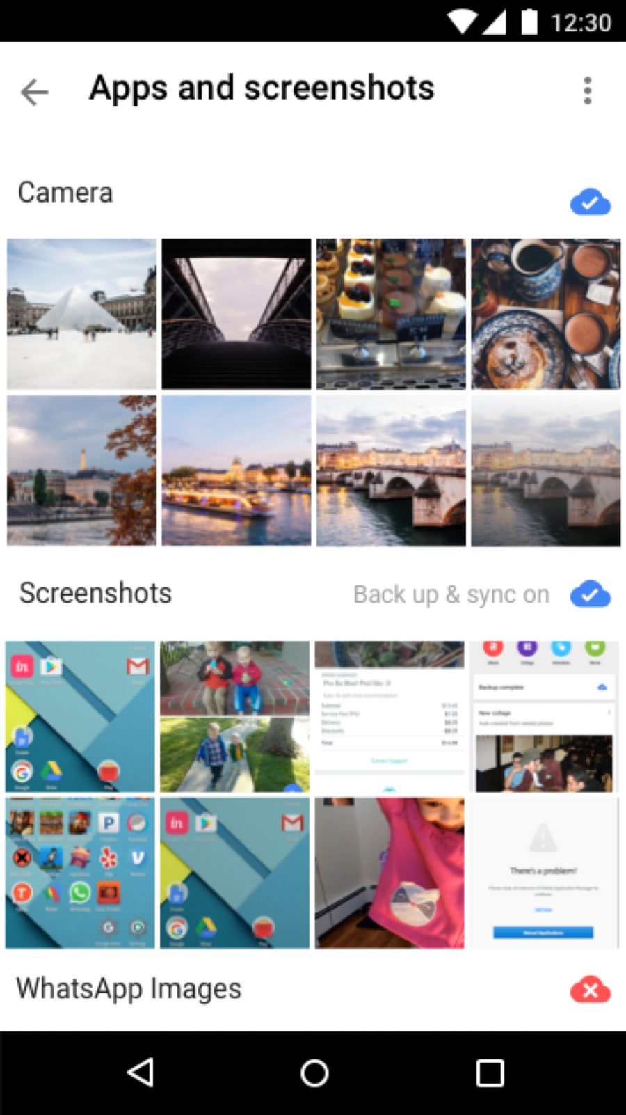 Apps and screenshots screen showing camera and screenshot sources backing up and syncing