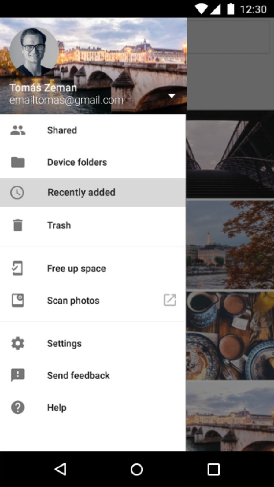 Google Photos navigation drawer with the Recently added filter selected