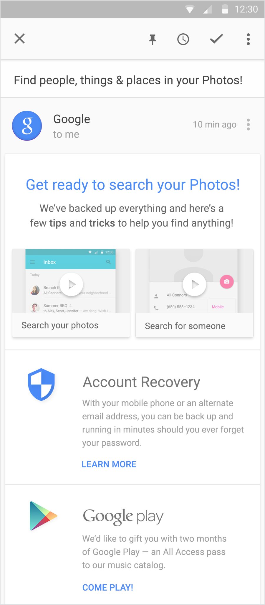 Early wireframe of the Google Photos welcome email, working out structure and content before visual design