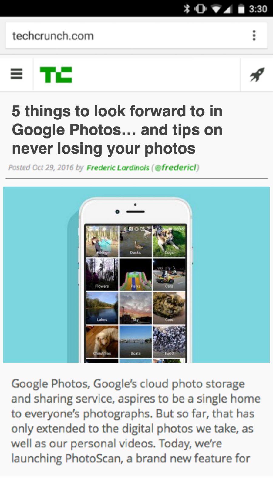 A mockup press story, 5 things to look forward to in Google Photos, made for the Google Photos PR team