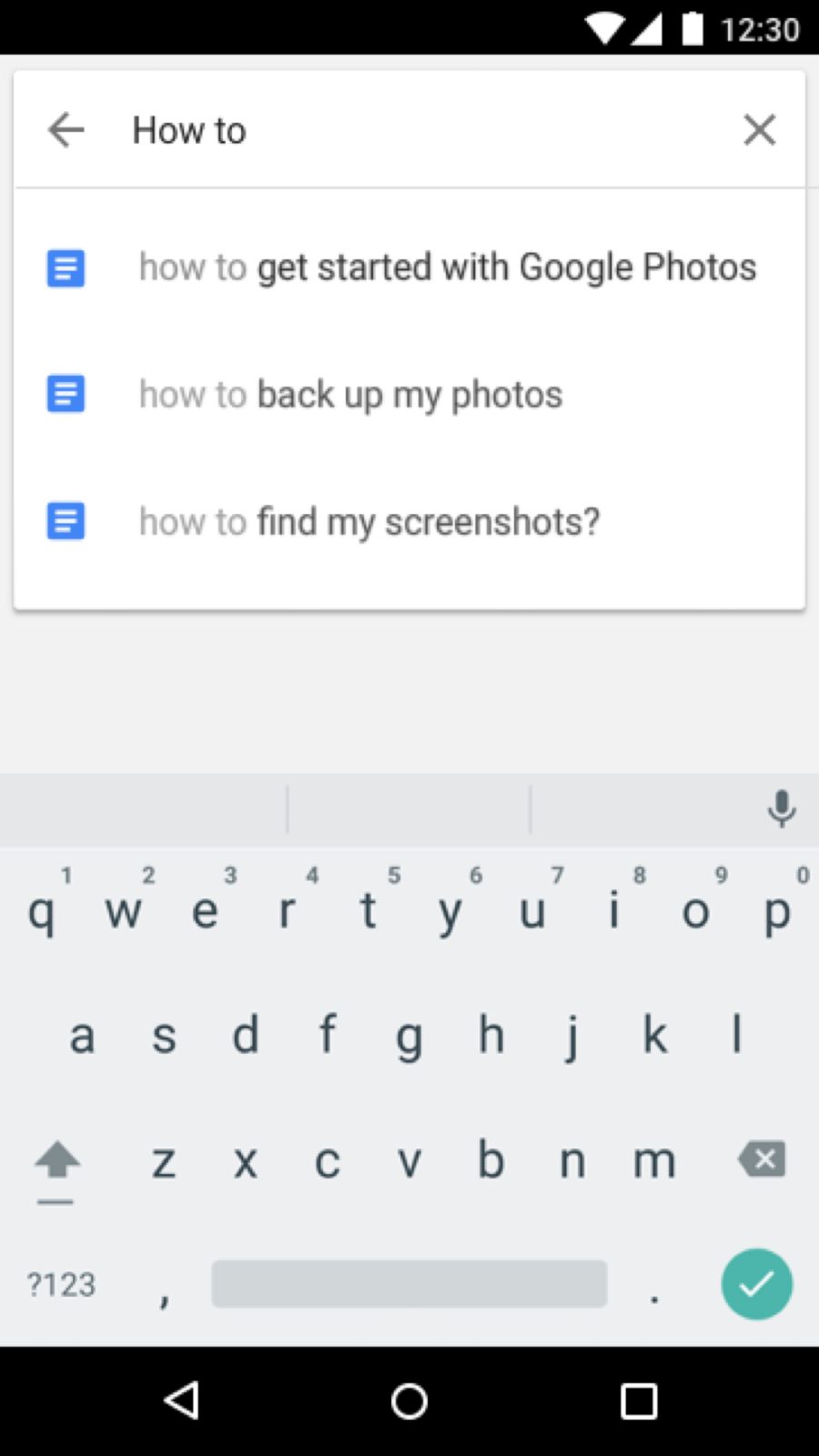 Google Photos search with how-to suggestions: how to get started, how to back up my photos, how to find my screenshots