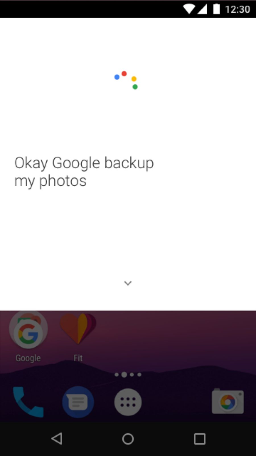 Android voice prompt reading Okay Google, back up my photos