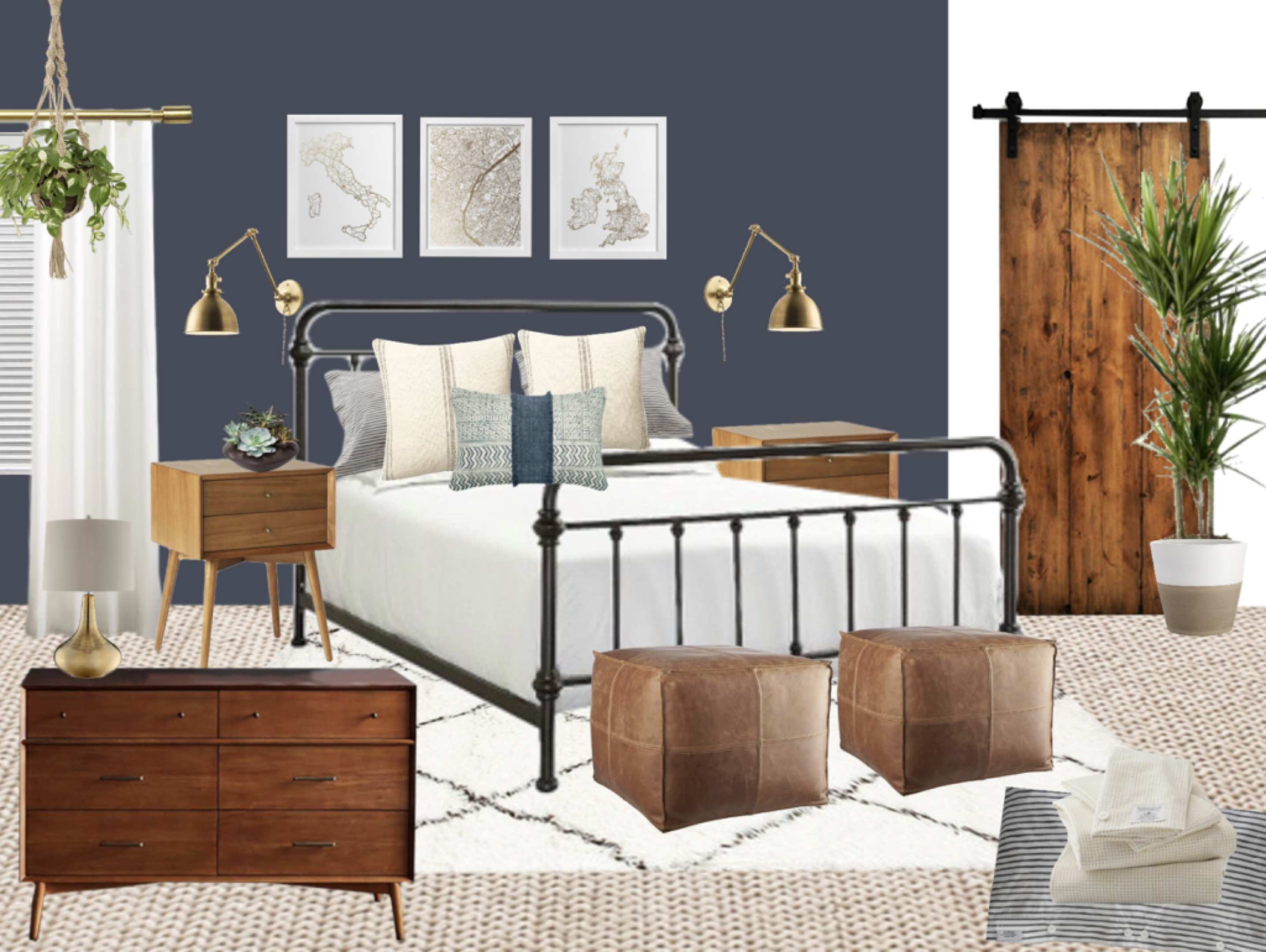 A pre-Modsy interior design mood board from Decorist: a flat collage of a bed, dressers, lamps, poufs, art, and plants arranged on a slate-blue background