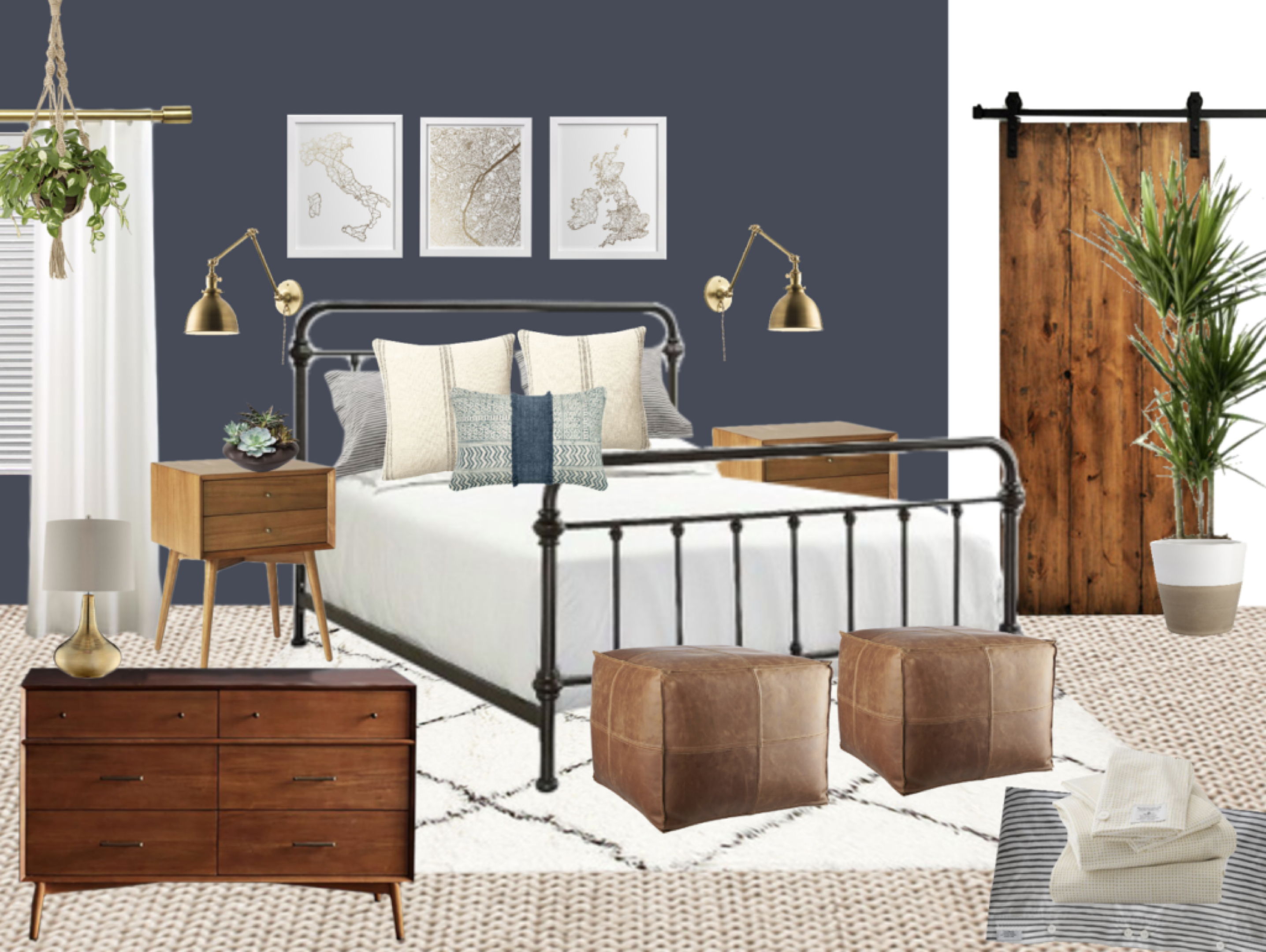 A pre-Modsy interior design mood board from Decorist: a flat collage of a bed, dressers, lamps, poufs, art, and plants arranged on a slate-blue background