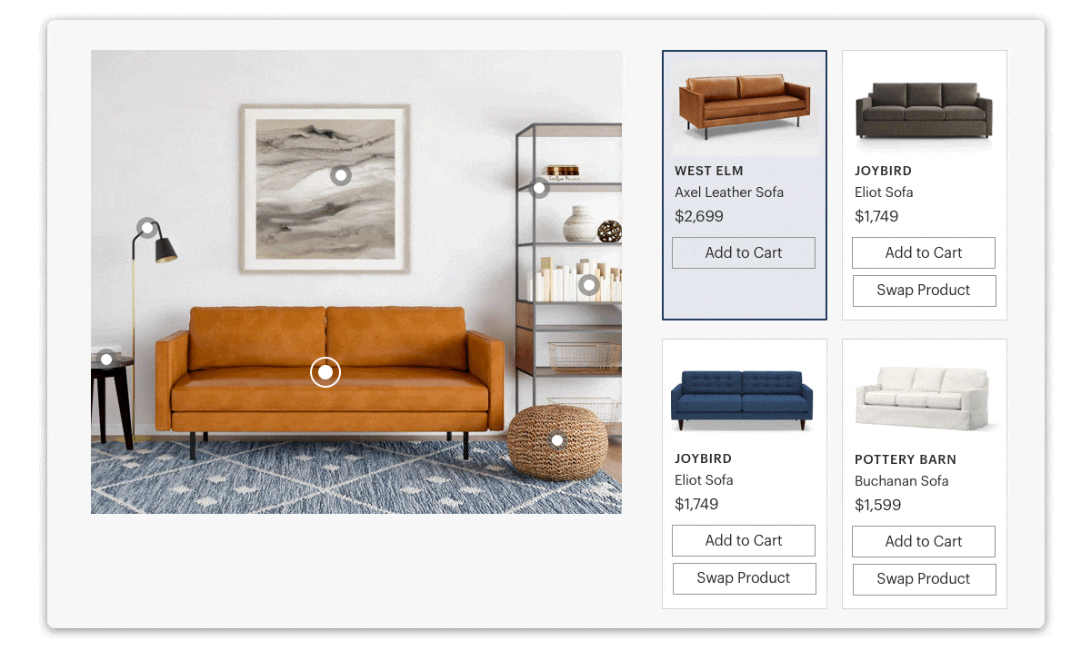 Animated 2D shoppable room view: product hotspots and a panel of sofa options to swap and add to cart