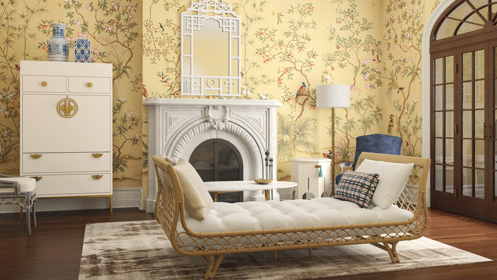 An animated Modsy style swap, a 3D room restyled with shoppable furniture
