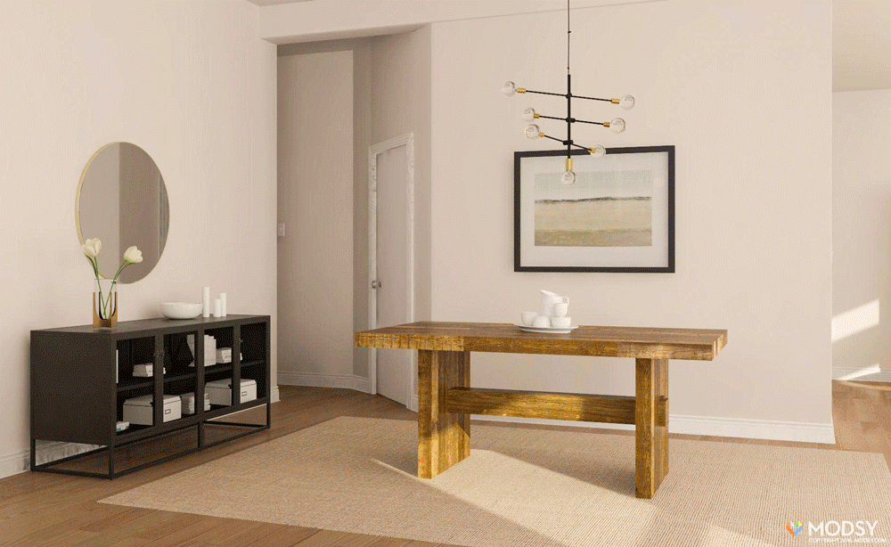 An animated Modsy product swap in a dining room: a reclaimed-wood table mixed with a black console, showing pieces do not need to match