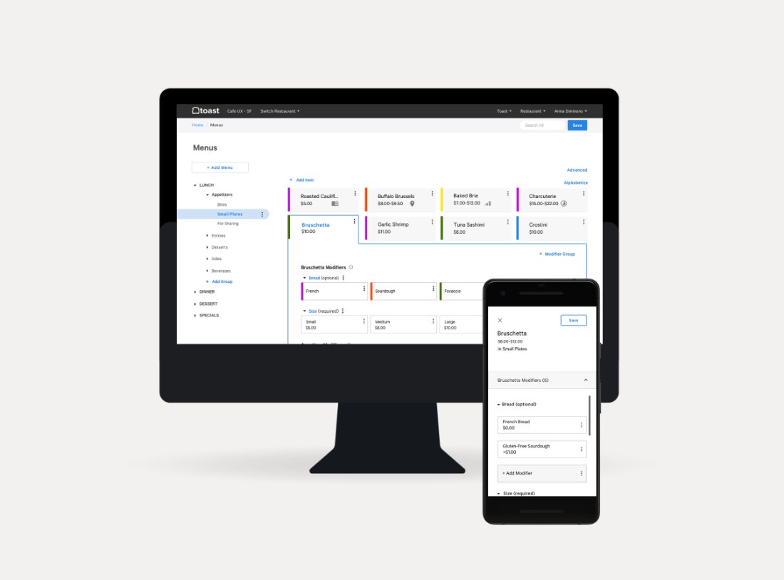 Toast menu builder shown on desktop and mobile