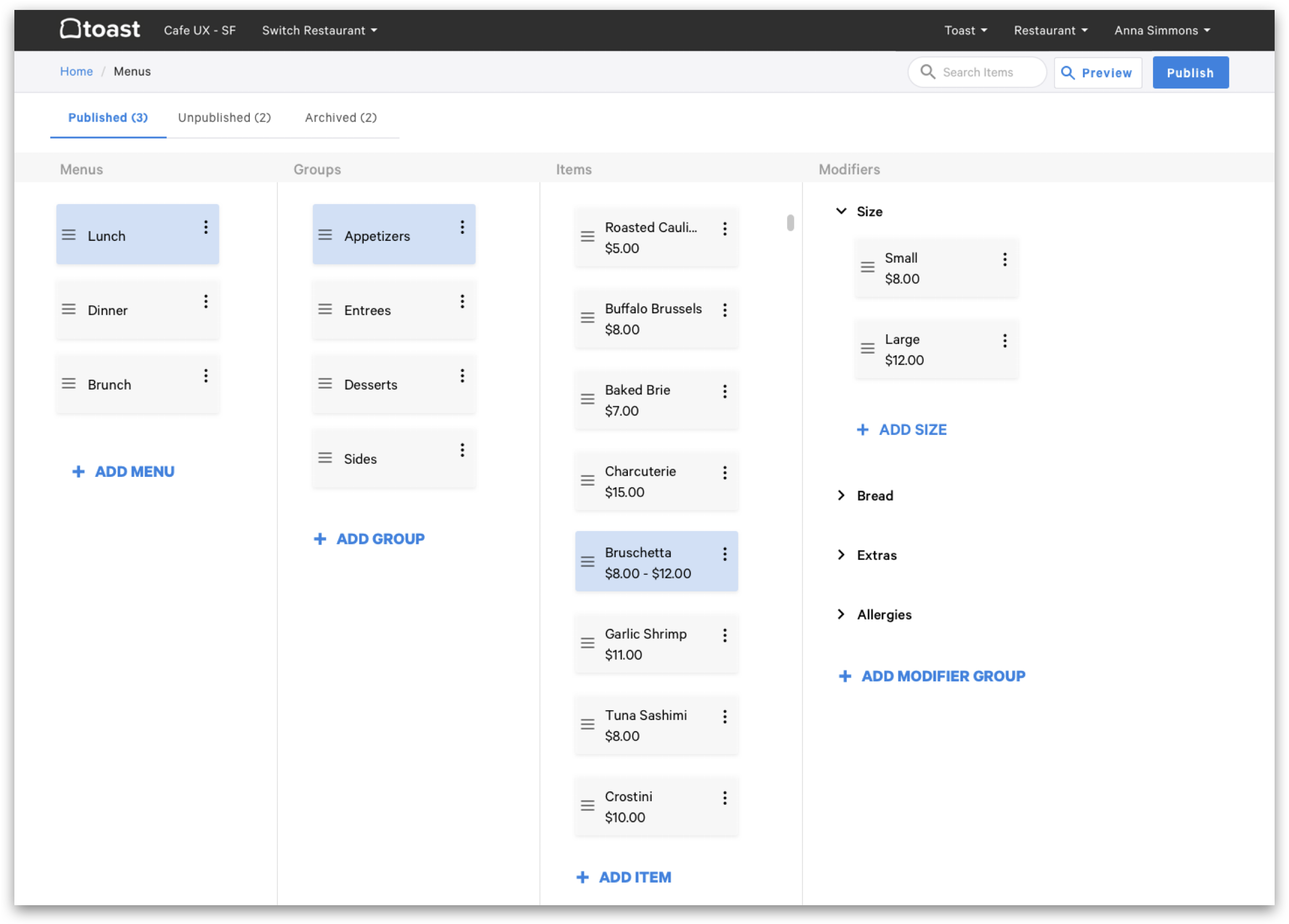 Toast menu builder with four linked columns: Menus, Groups, Items, and Modifiers