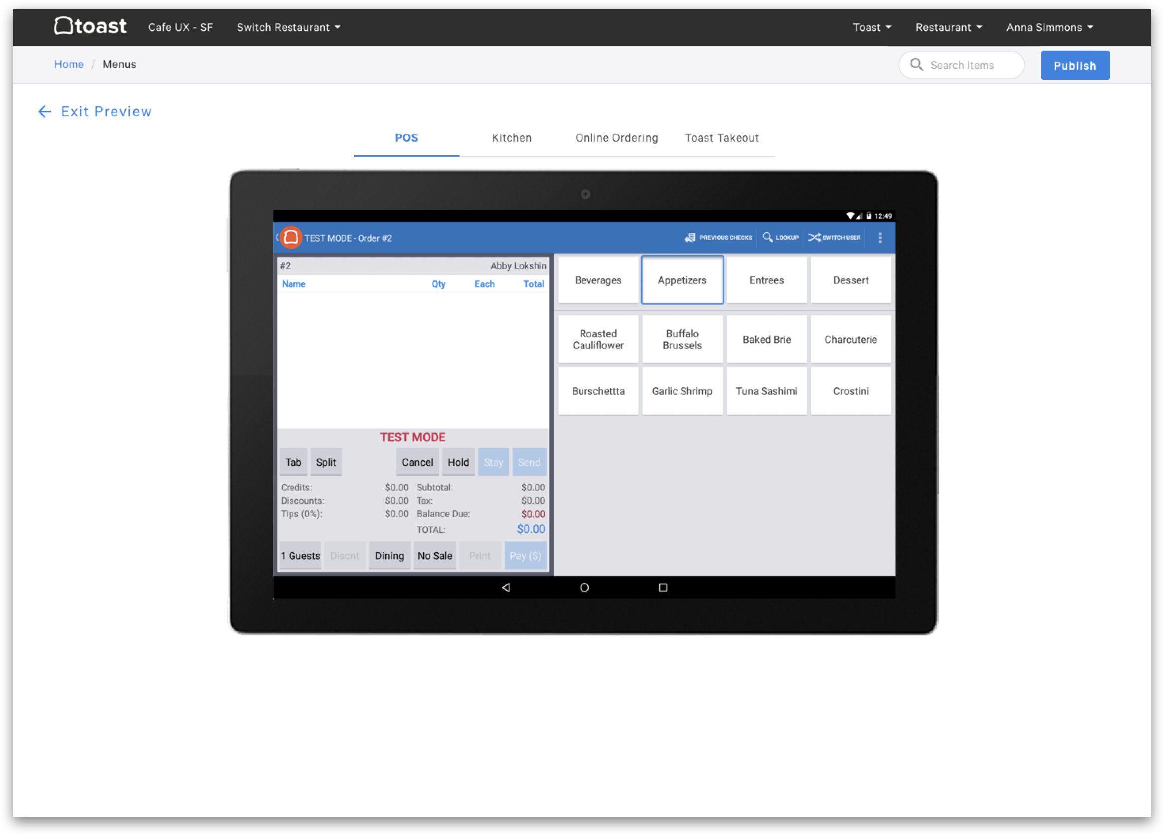 Preview mode rendering the menu on a simulated Android POS terminal in test mode